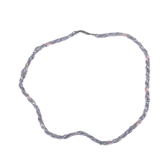 Dyed Pearl Beaded Twisted Pink Silver Bead Necklace 25 Inches Multi Strand - Picture 10 of 10